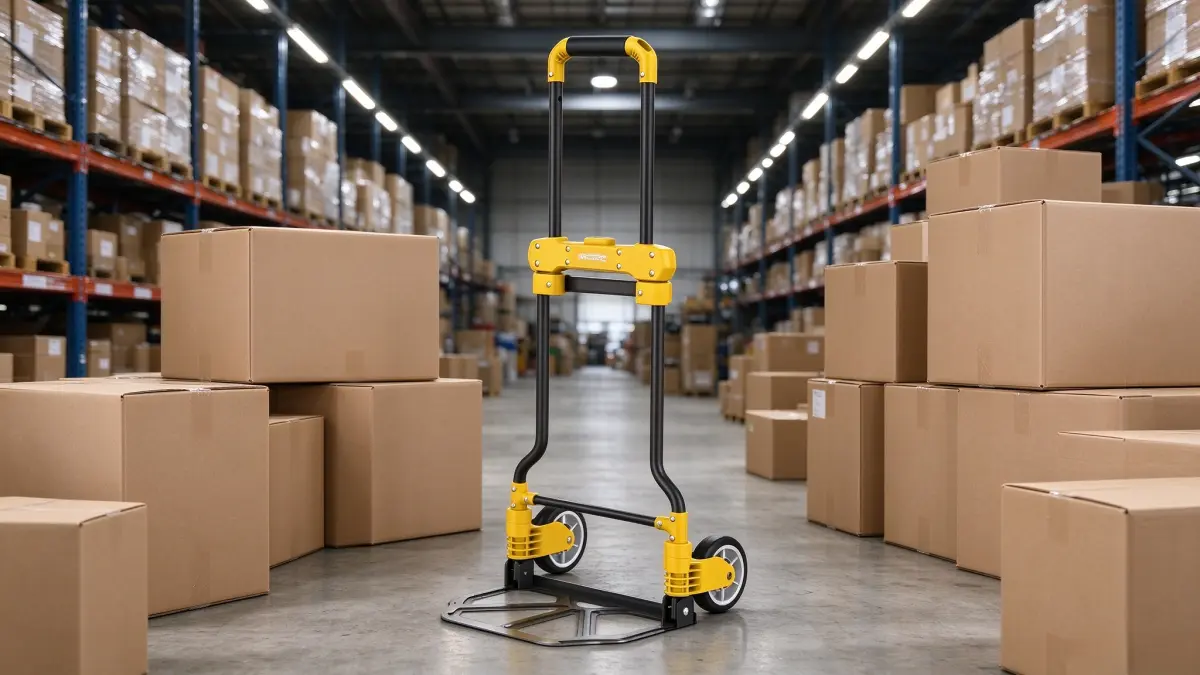 Yellow folding hand truck with a 100 kg rated load capacity