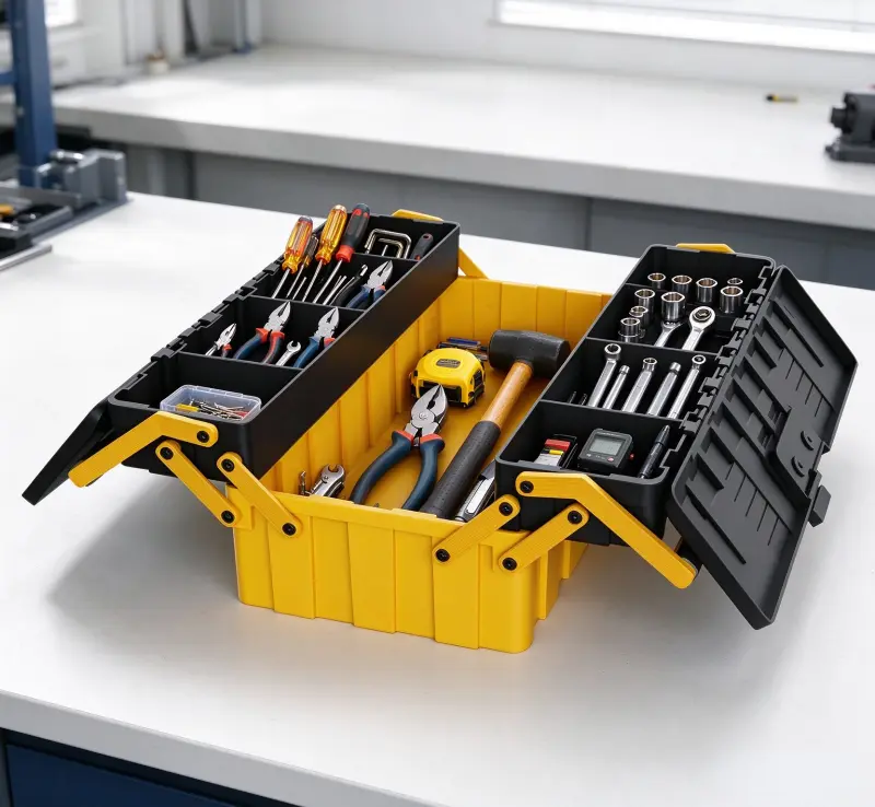 three-tray toolbox for a defined assortment of hand tools