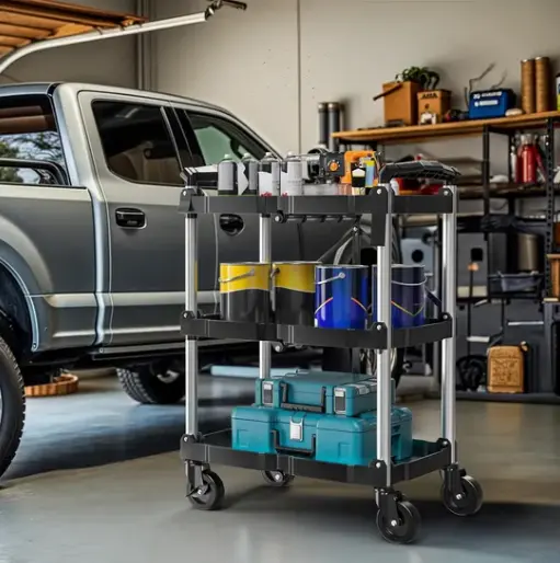 top shelf of a 3 tier rolling organizer with frequently used hand tools