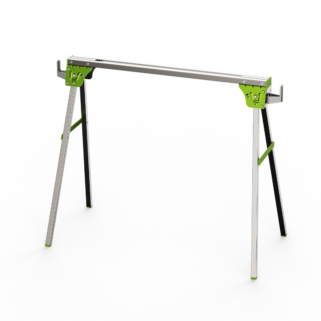 Green foldable sawhorse single unit fully unfolded structure view