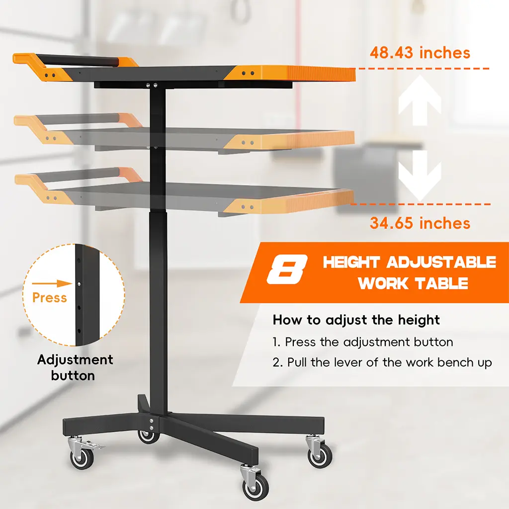 8 level adjustable height mobile work table from 35 to 48 inches
