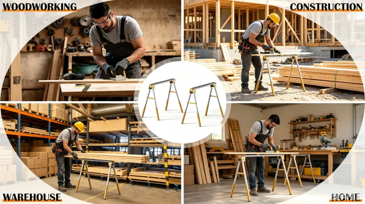 Folding sawhorse supporting long boards for professional work