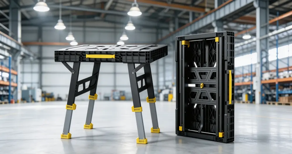 Folding work table design for setup, transport and daily use