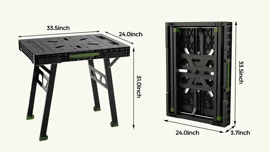 Folding workbench shown in open and folded positions